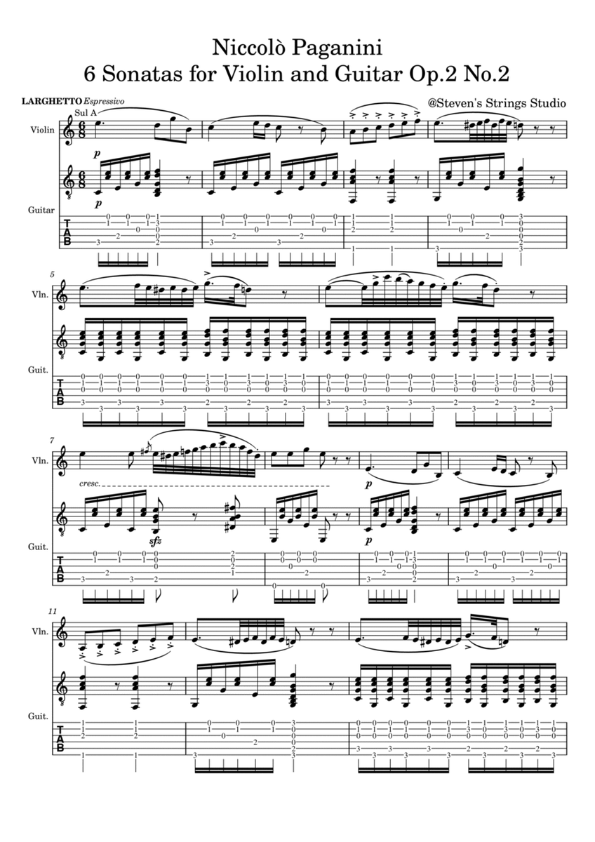 Paganini 6 Sonatas for Violin and Guitar Op.2 No.2