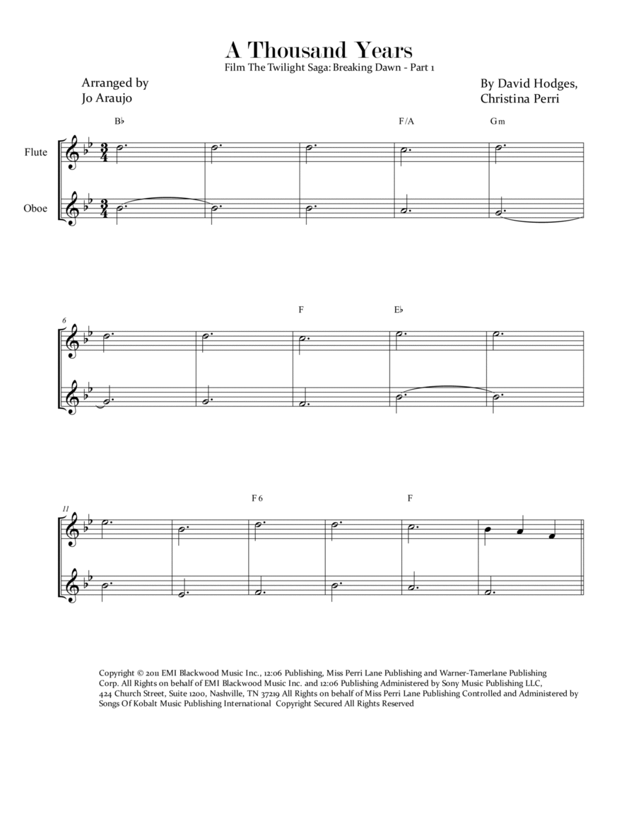 A Thousand Years Woodwind Duet scores gallery preview page 1