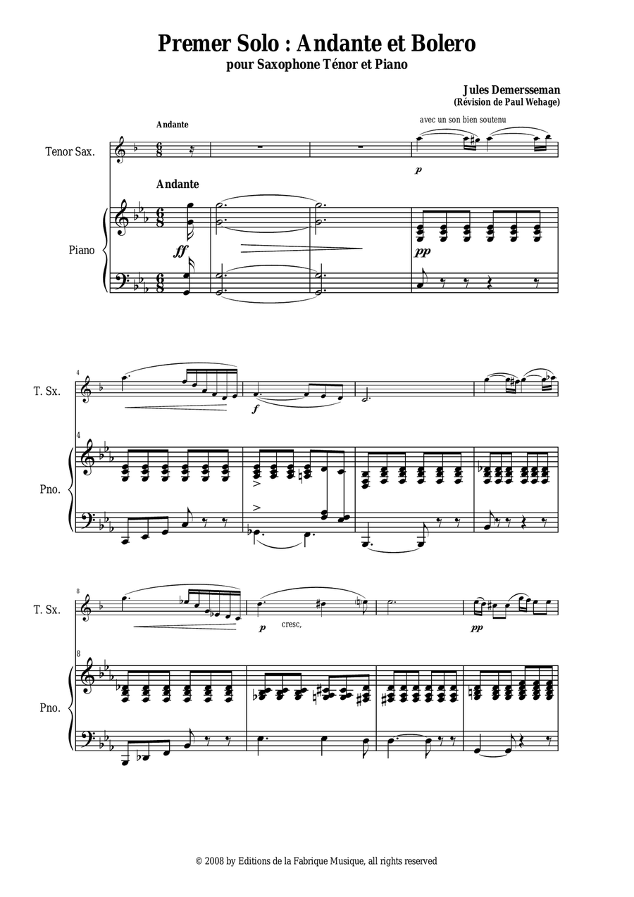 Jules Demersseman : Premier Solo : Andante et Bolero for tenor saxophone and piano Woodwind Duet scores gallery preview page 2