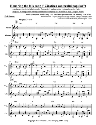 Honoring the folk song ("Cinstirea cantecului popular") - miniature for violin(/clarinet/alto flute/