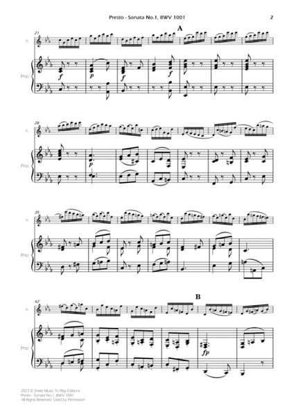 Presto from Sonata No.1, BWV 1001 - Flute and Piano (Full Score and Parts) image number null