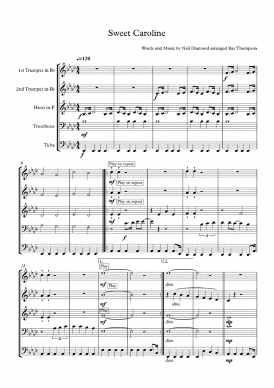 Sweet Caroline Sweet Caroline Brass Quintet scores gallery preview page 2