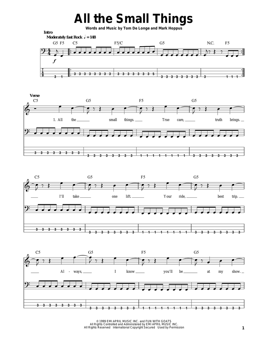 All The Small Things Bass Guitar Tablature scores gallery preview page 1
