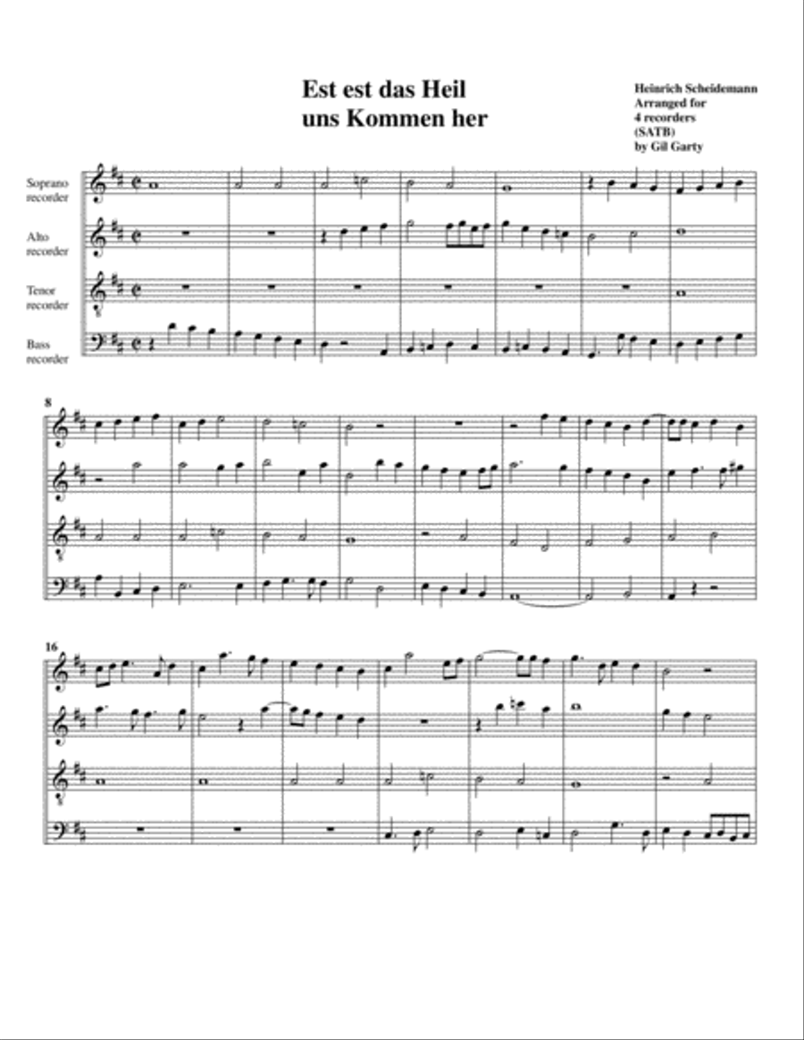 Est ist das Heil uns kommen her (arrangement for 4 recorders) Recorder scores gallery preview page 1