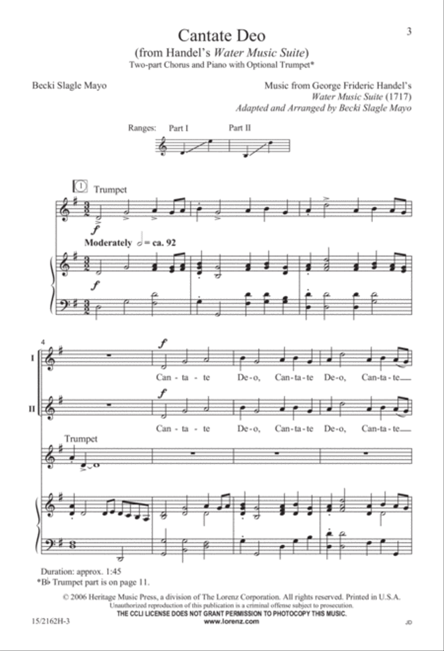 Cantate Deo (from Water Music Suite) 2-Part scores gallery preview page 3
