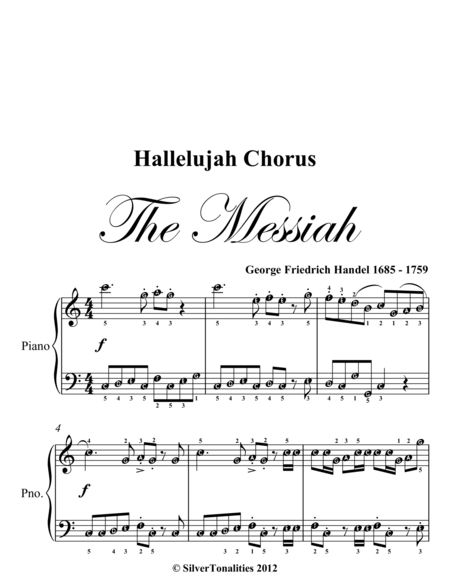 Hallelujah Chorus the Messiah Easy Elementary Piano Sheet Music