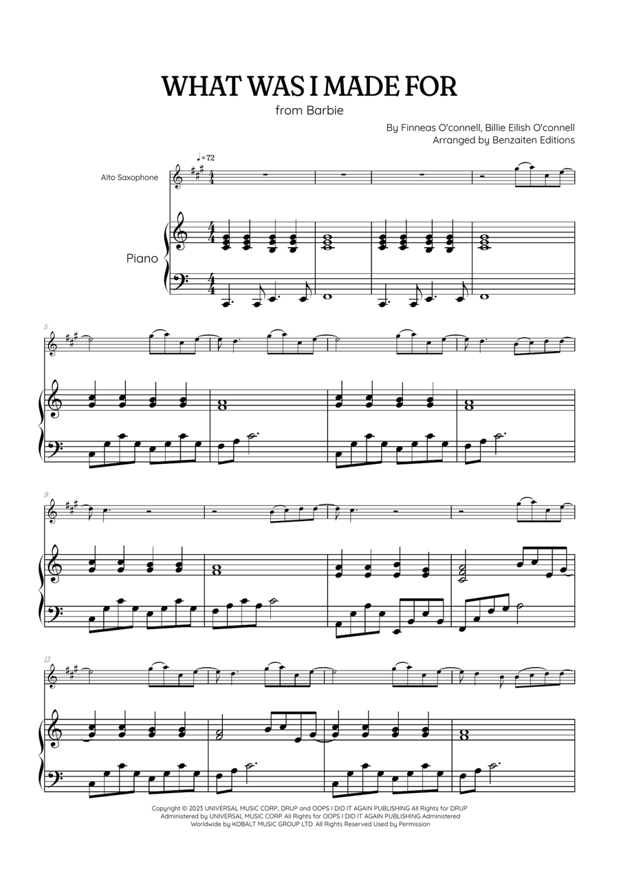 What Was I Made For? Alto Saxophone scores gallery preview page 1