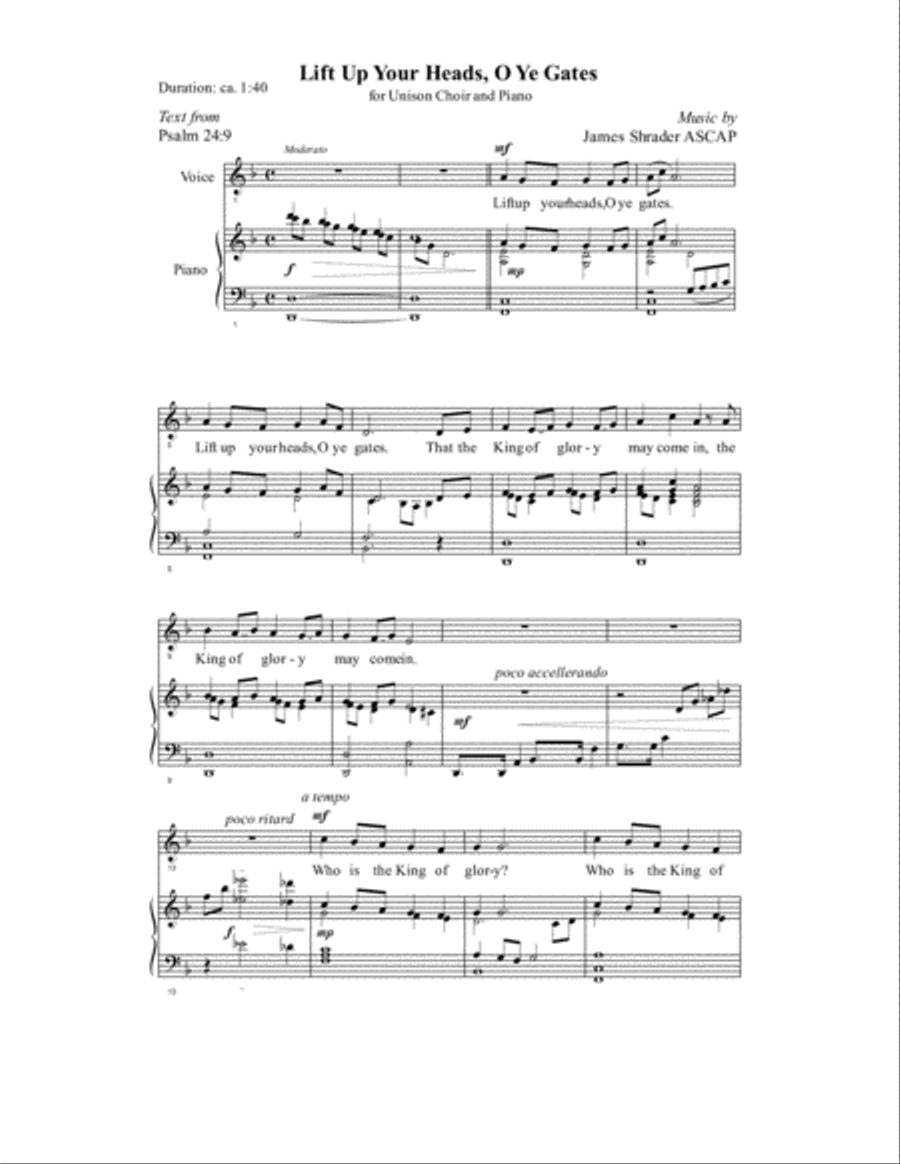 Lift Up Your Heads, O Ye Gates Unison Choir scores gallery preview page 1