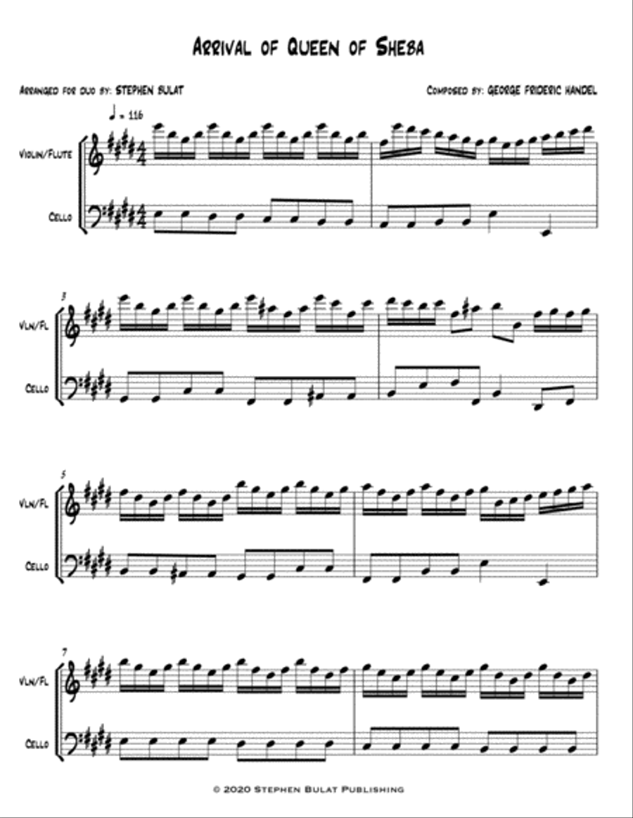 Arrival Of The Queen Of Sheba (Handel) - violin/cello duo or other treble clef/bass clef instruments English Horn scores gallery preview page 2