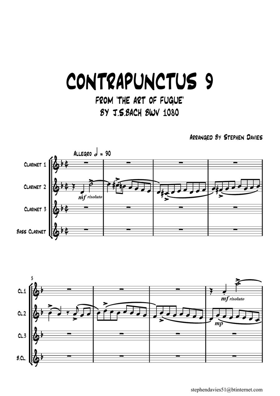 'Contrapunctus 9' By J.S.Bach BWV 1080 from 'The Art of the Fugue' for Clarinet Quartet. Clarinet Quartet scores gallery preview page 1