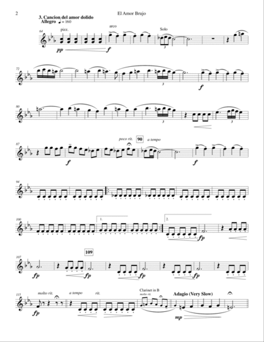 De Falla 1915 El Amor Brujo arr String Quartet, String Bass, Oboe, Clarinet & Piano Small Ensemble scores gallery preview page 2