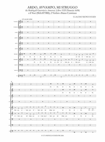 Ardo, avvampo, mi struggo (Madrigali Guerrieri. Libro VIII, No. 7) for 8 Voices (SSAATTBB), 2 Violins and Continuo