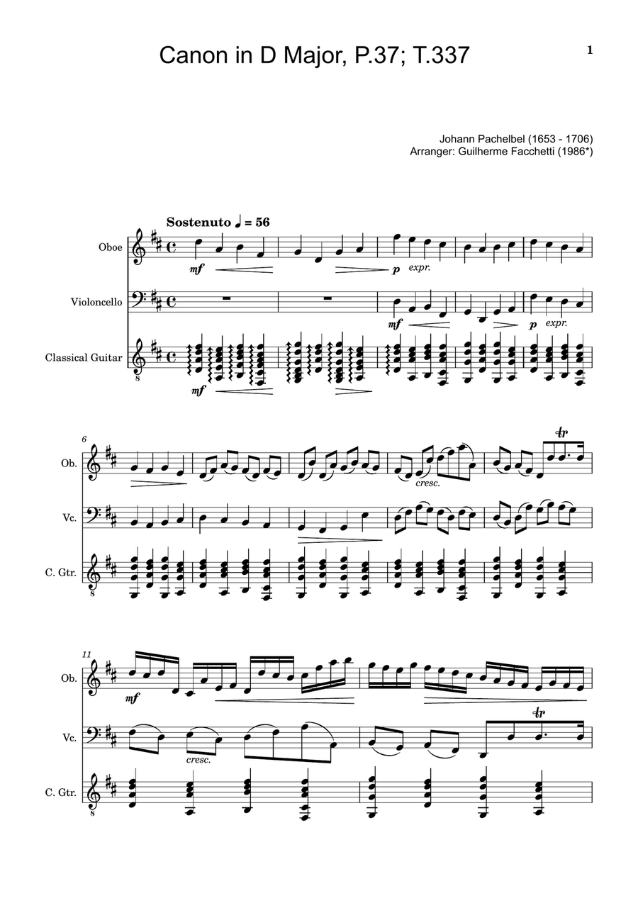 Canon in D Major, P.37; T.337. Arranged for Oboe, Cello and Guitar. Score and Parts Small Ensemble scores gallery preview page 1