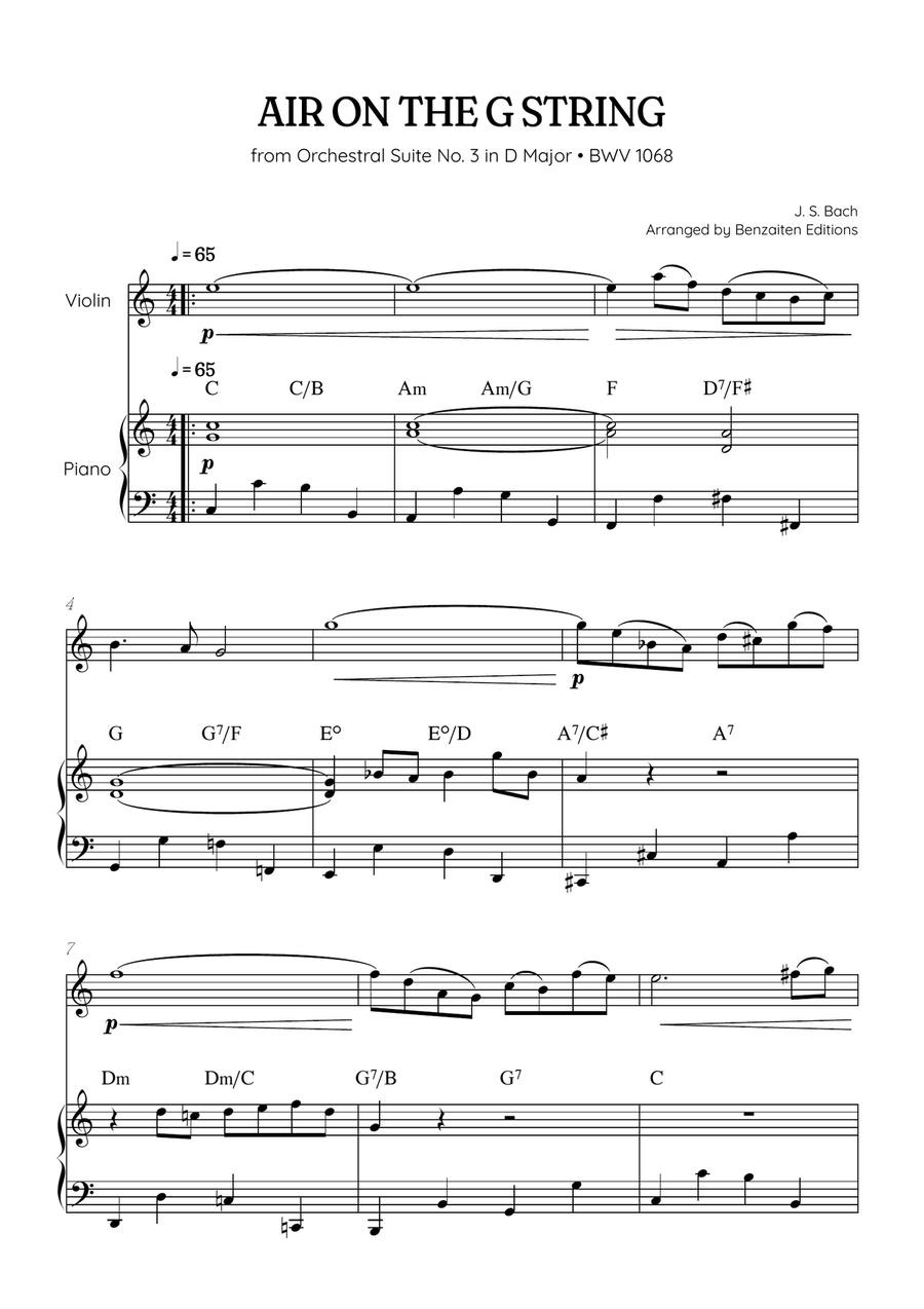 JS Bach • Air on the G String from Suite No. 3 BWV 1068 | violin & piano sheet music w/ chords Violin Solo scores gallery preview page 1