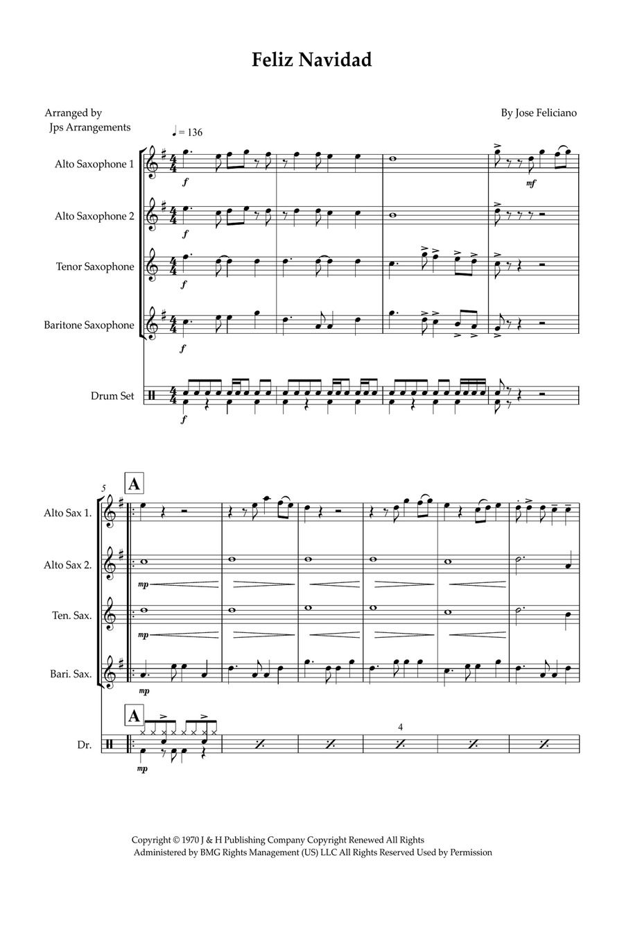 Feliz Navidad Saxophone Quartet scores gallery preview page 1