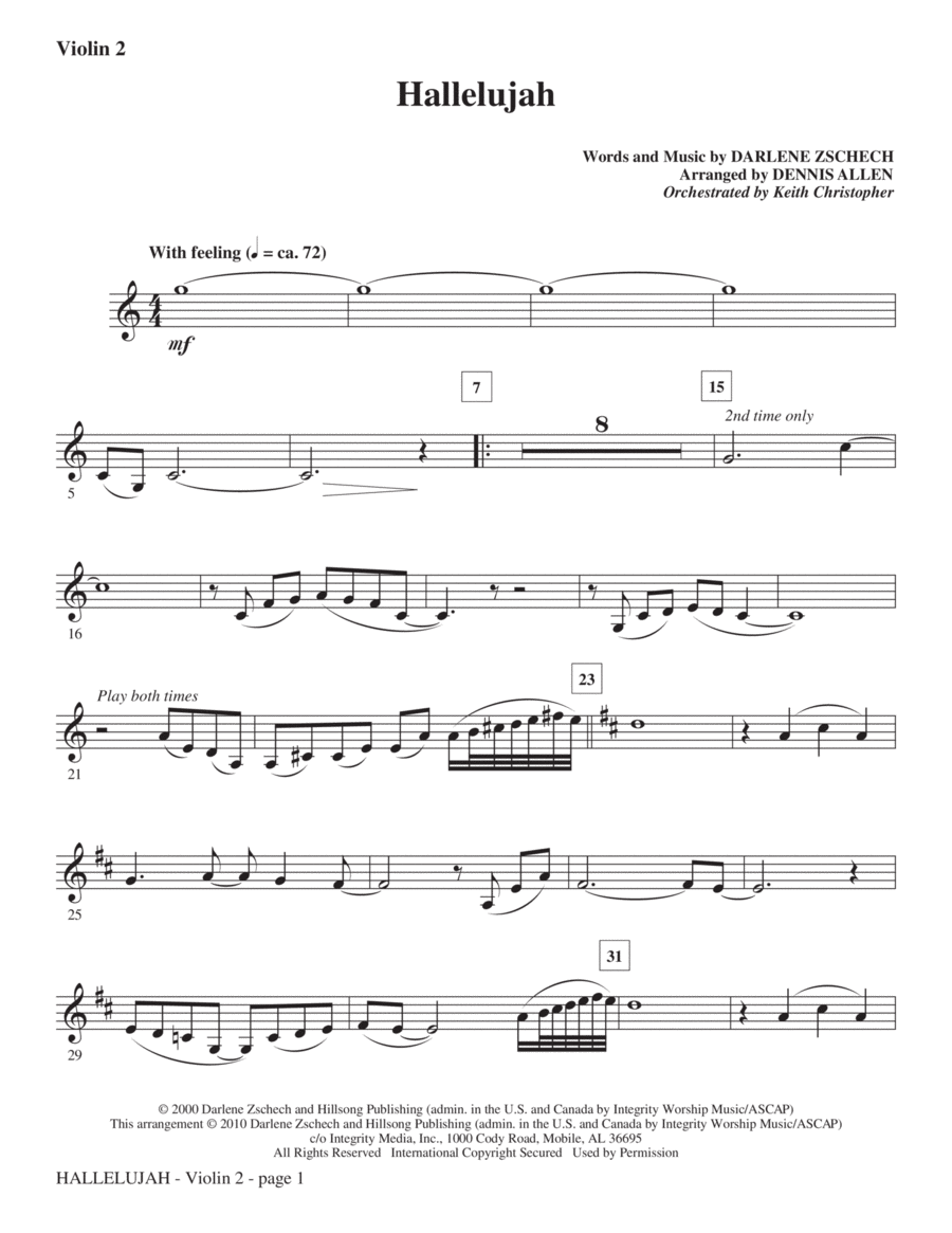 Hallelujah (arr. Dennis Allen) - Violin 2 Choir scores gallery preview page 1