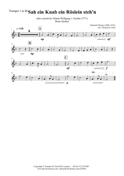 Sah ein Knab ein Roeslein stehn - German Folk Song - Brass Quintet image number null