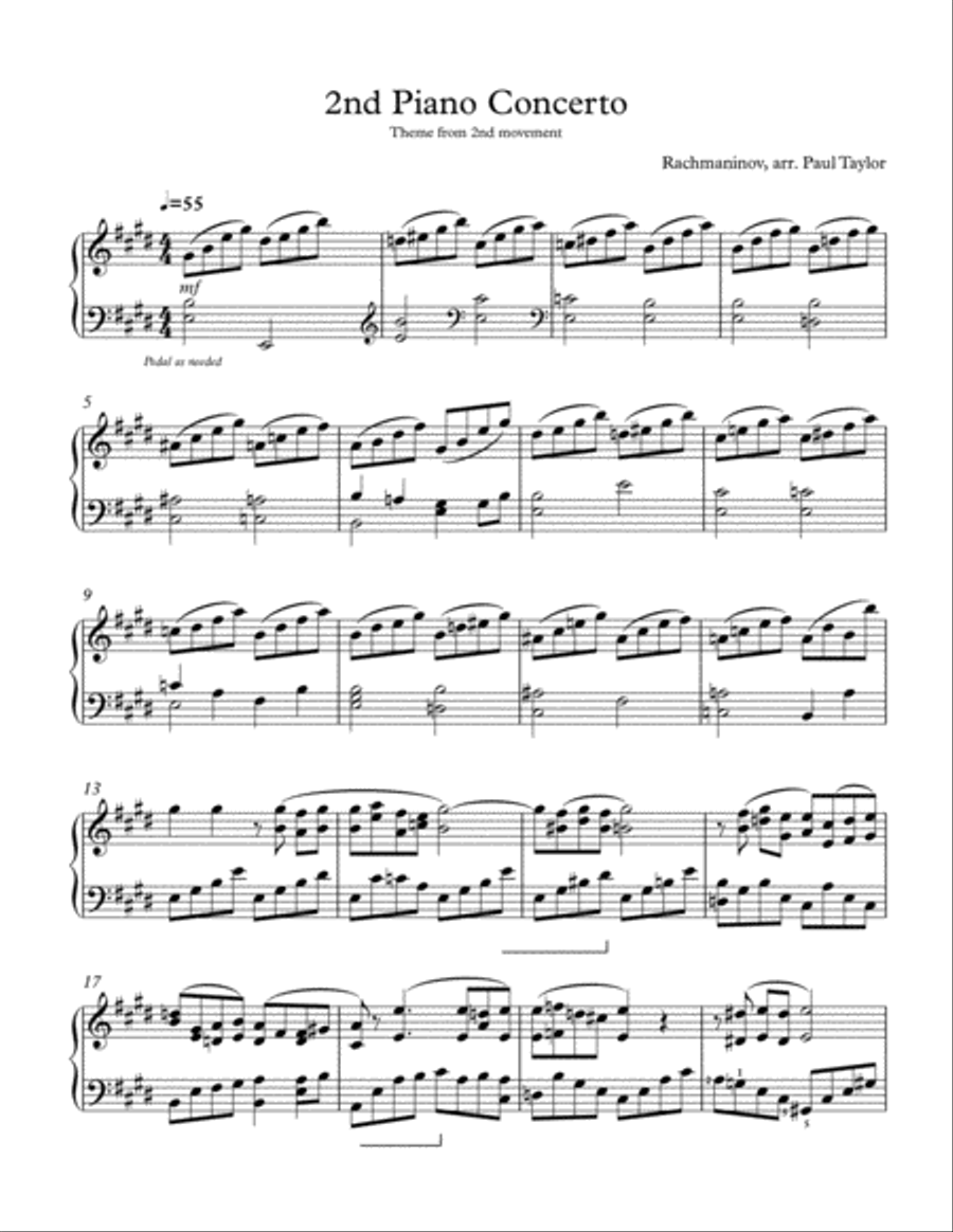 Rachmaninoff Concerto #2 (theme from second movement) Piano Solo scores gallery preview page 1