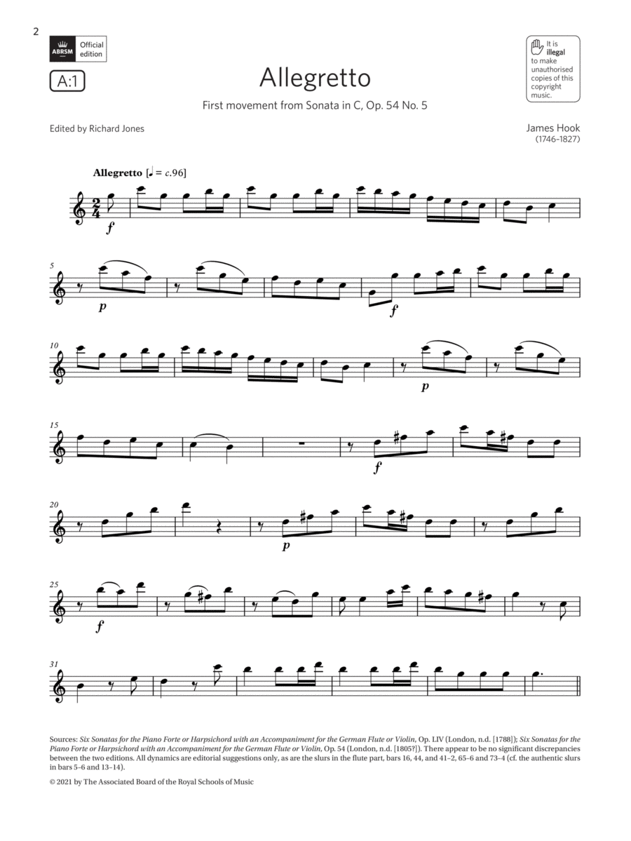 Allegretto (from Sonata in C, Op.54 No.5) (Grade 4 List A1 from the ABRSM Flute syllabus from 2022) Flute Solo scores gallery preview page 1