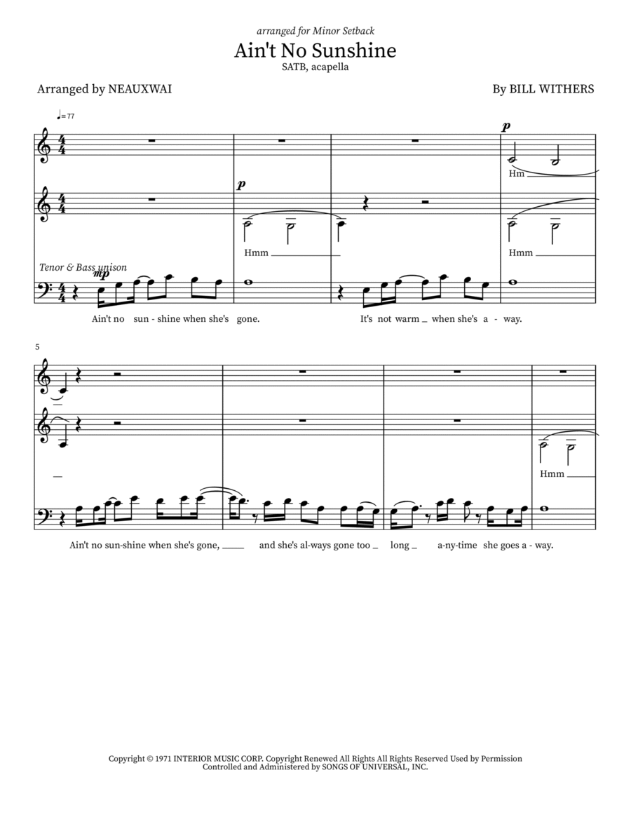 Ain't No Sunshine 4-Part scores gallery preview page 1