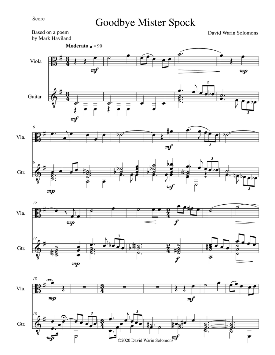 Goodbye Mister Spock for viola and guitar String Duet scores gallery preview page 1