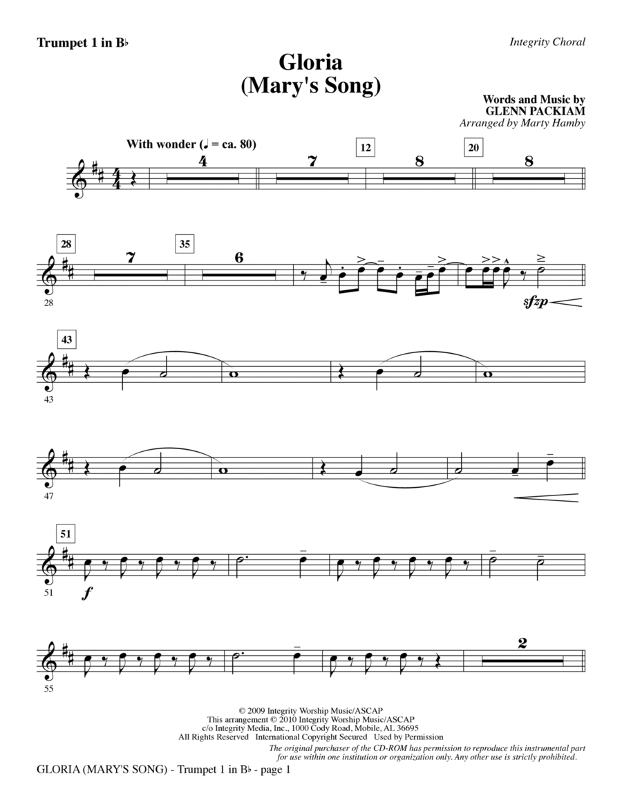 Gloria (Mary's Song) - Trumpet 1 Choir scores gallery preview page 1