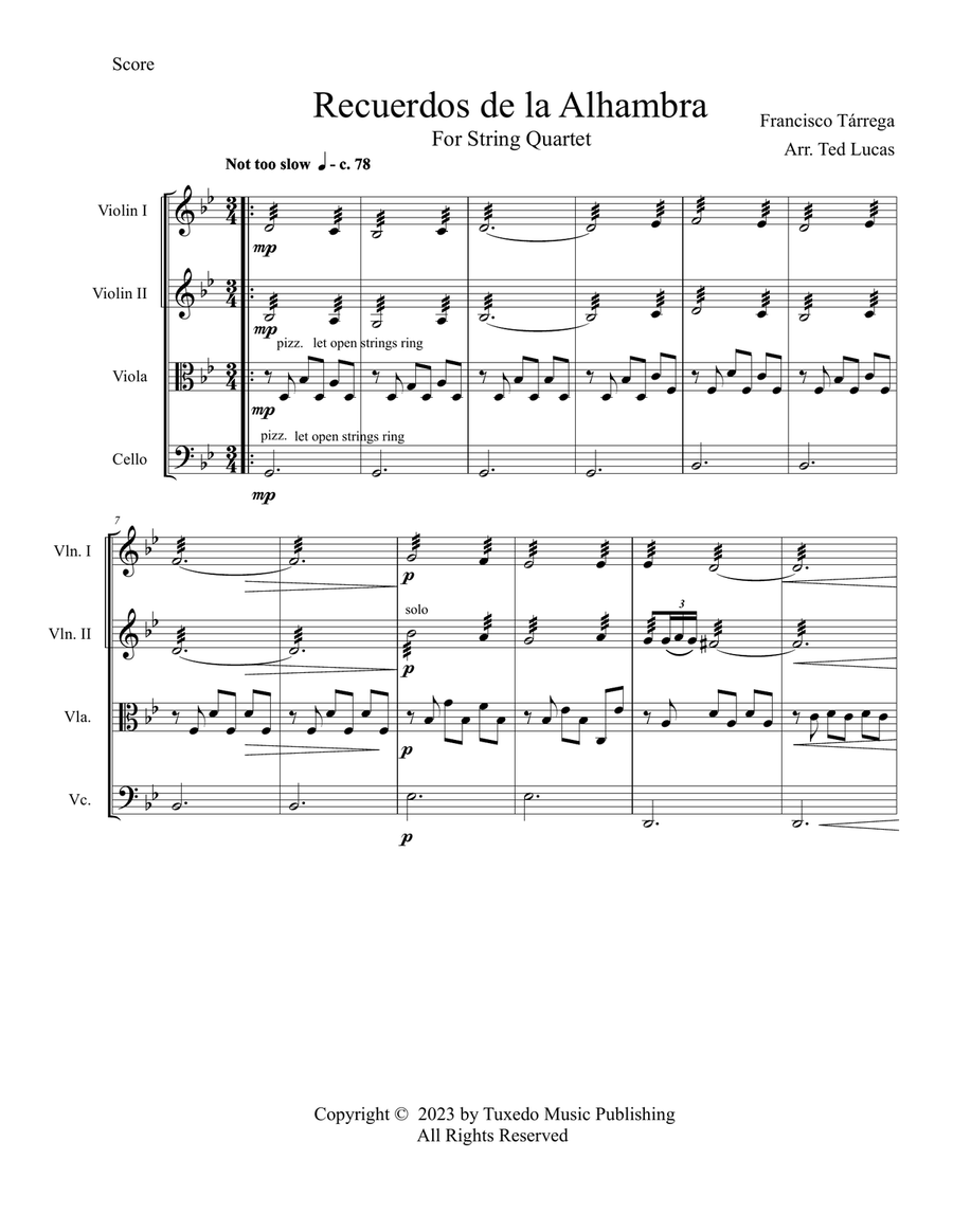 Recuerdos de la Alhambra, for String Quartet, SCORE and PARTS String Quartet scores gallery preview page 2