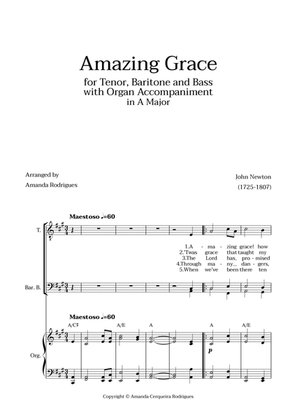 Amazing Grace in A Major - Tenor, Bass and Baritone with Organ Accompaniment and Chords image number null