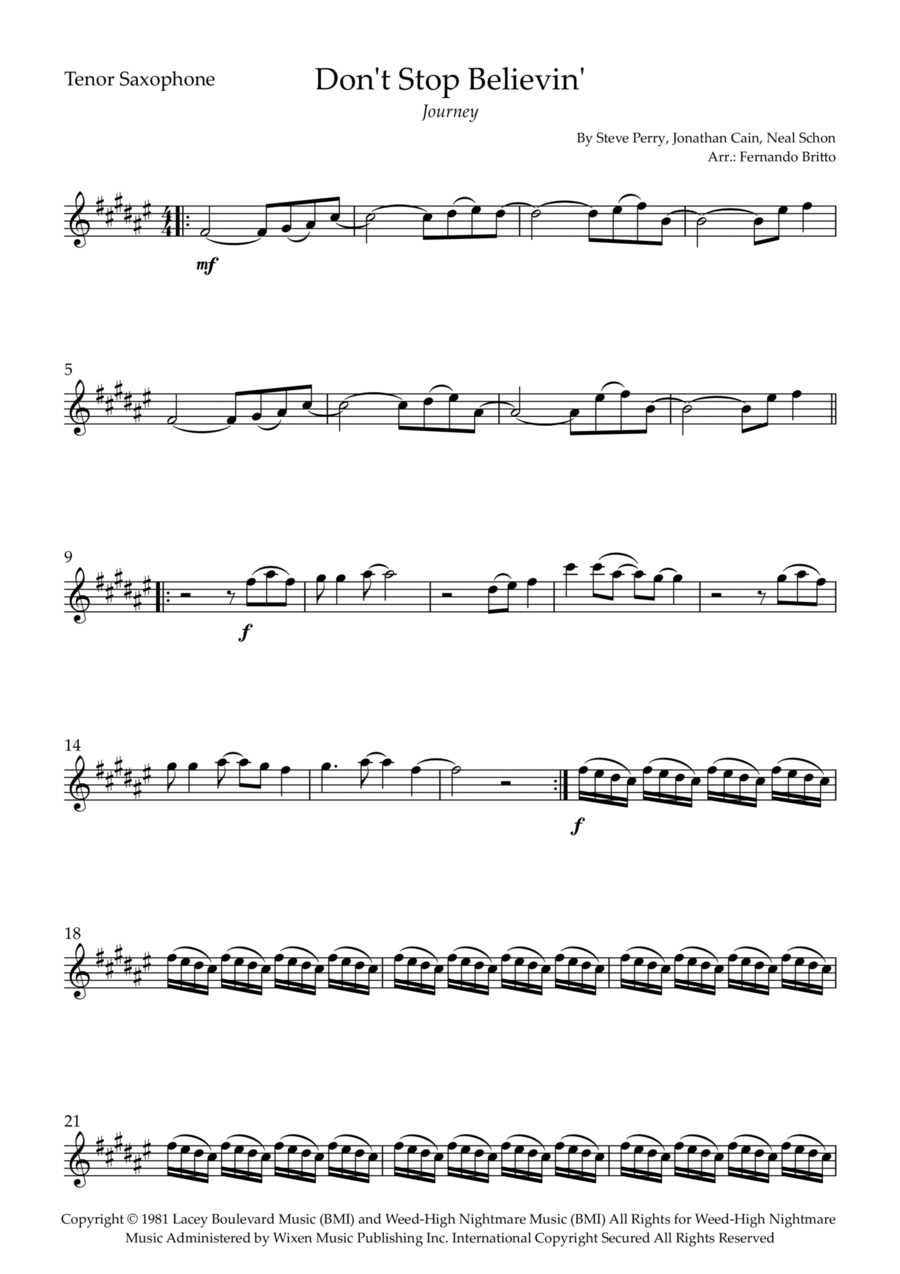 Don't Stop Believin' Tenor Saxophone scores gallery preview page 1