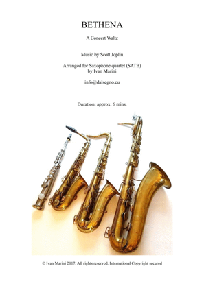 Book cover for BETHENA (A Concert Waltz) by Scott Joplin - for Saxophone Quartet SATB