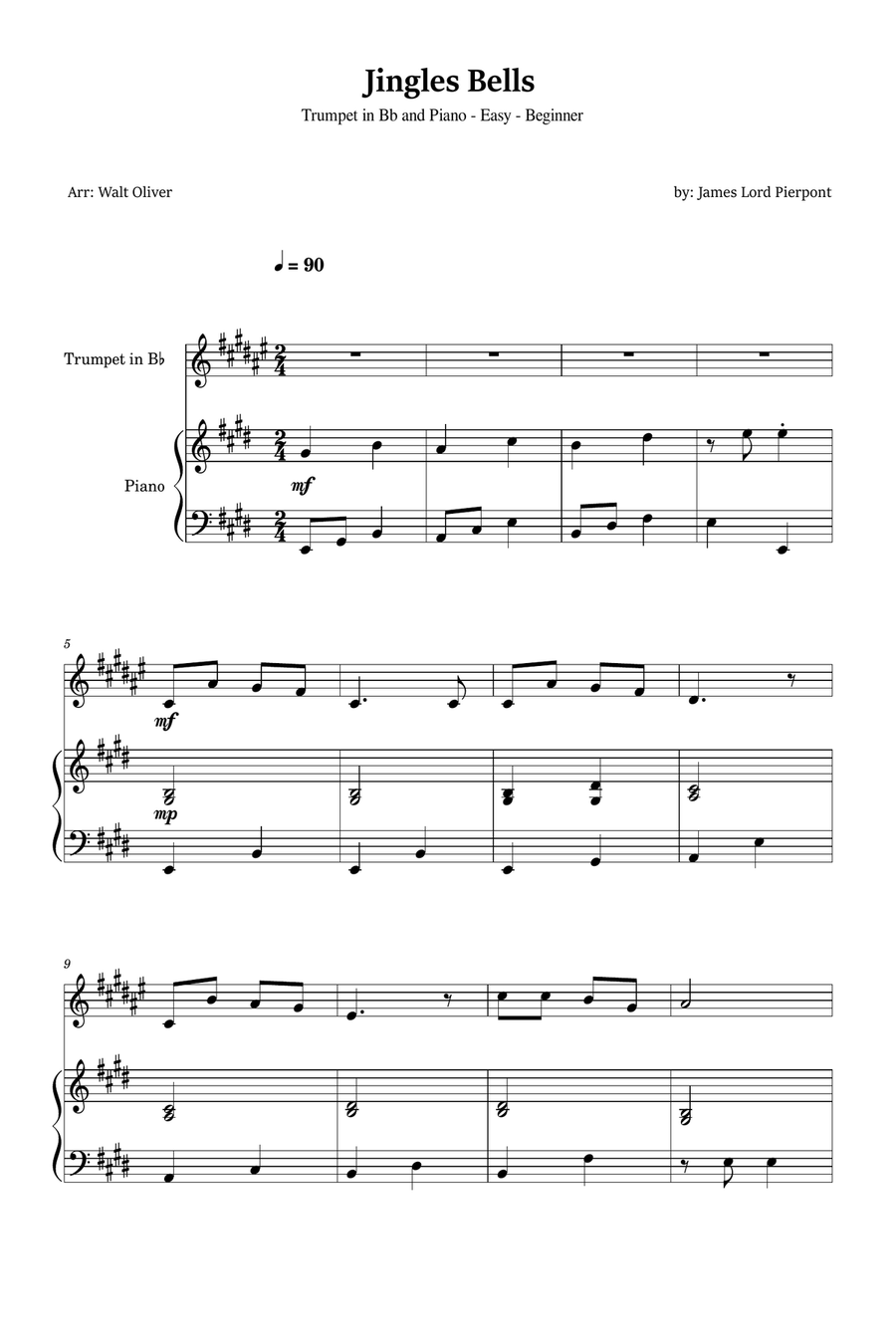 Jingle Bells for Trumpet and Piano (Easy - Beginner) B-Flat Trumpet scores gallery preview page 1