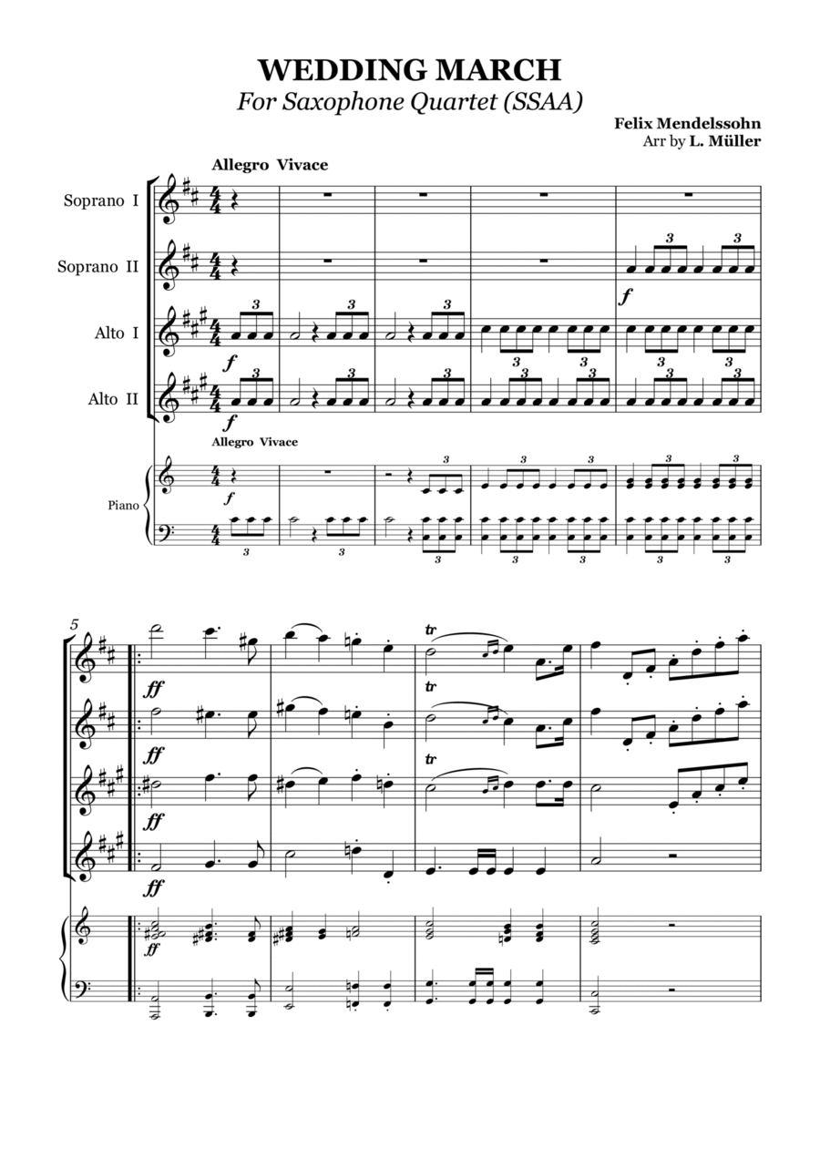 Wedding March - For Saxophone Quartet (SSAA) and Piano Woodwind Ensemble scores gallery preview page 1
