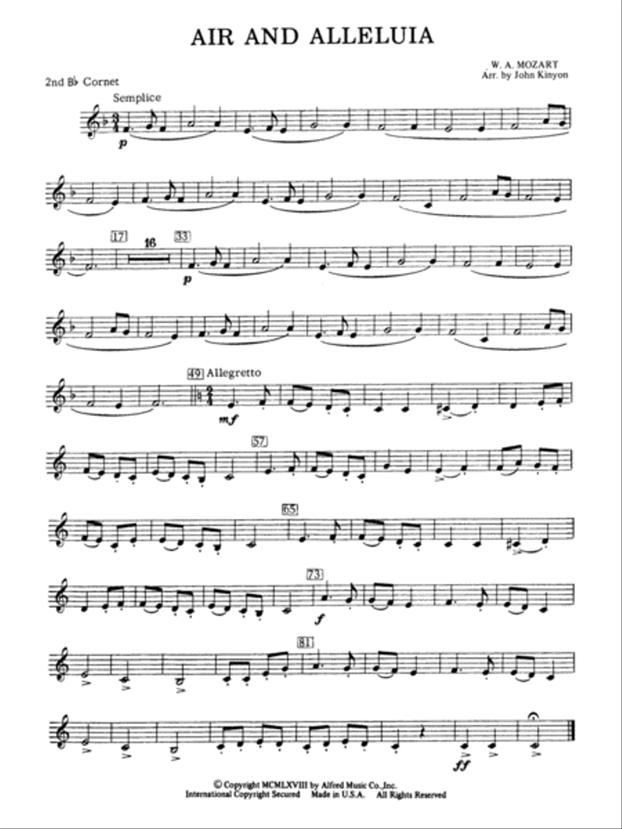Air and Alleluia: 2nd B-flat Cornet Concert Band scores gallery preview page 1