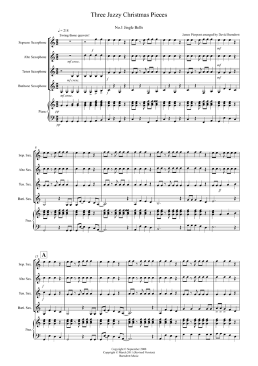 3 Jazzy Christmas Pieces for Saxophone Quartet Saxophone Quartet scores gallery preview page 1