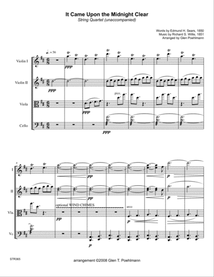 IT CAME UPON THE MIDNIGHT CLEAR - STRING QUARTET (or 3 Violins & Cello) (Grade 4-) String Quartet scores gallery preview page 1