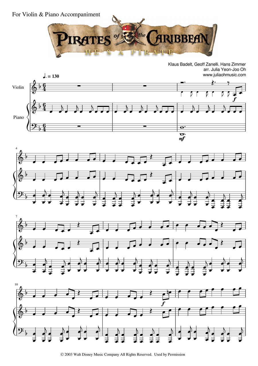 He's A Pirate Violin Solo scores gallery preview page 1