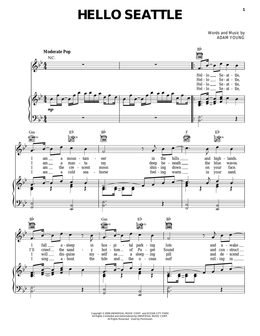 Hello Seattle Piano, Vocal, Guitar scores gallery preview page 1