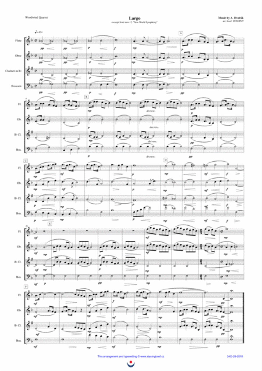 Largo (Dvořák - New World Symphony) Woodwind Quartet scores gallery preview page 1