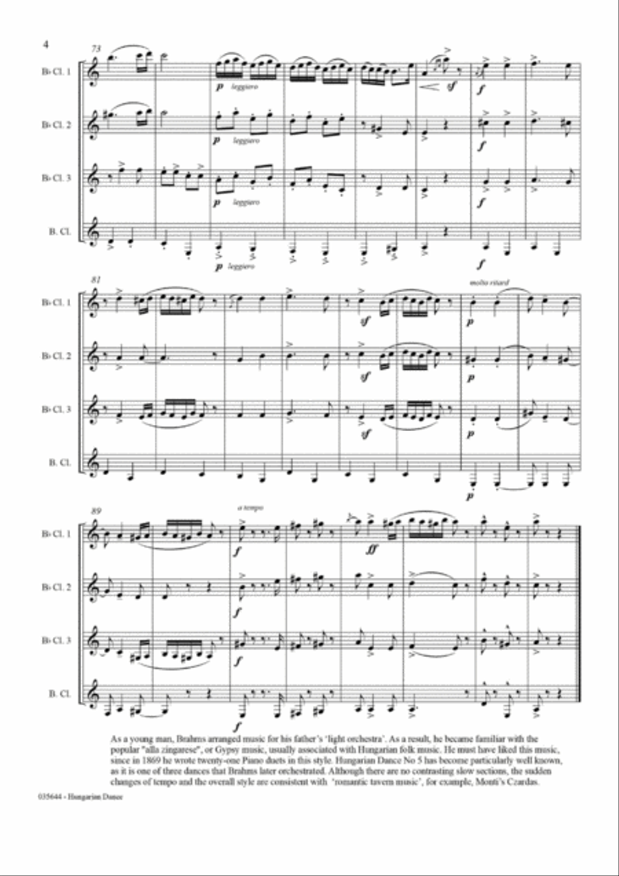 HUNGARIAN DANCE NO 5 - CLARINET QUARTET Clarinet Quartet scores gallery preview page 5