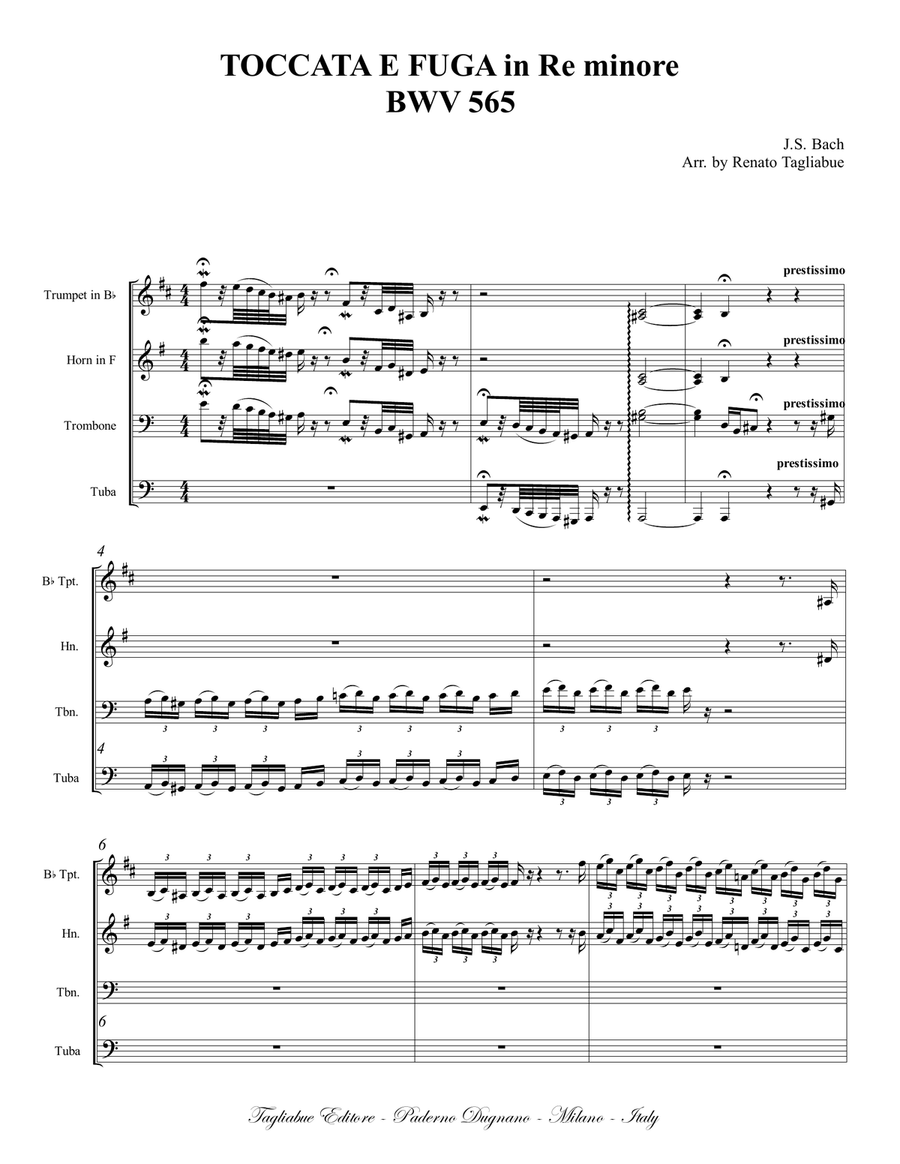 TOCCATA E FUGA in D minor - BWV 565 - Arr. for Brass Quartet with Parts Brass Quartet scores gallery preview page 2