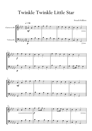 Twinkle Twinkle Little Star in Gb Major for Clarinet and Cello (Violoncello) Duo. Easy.