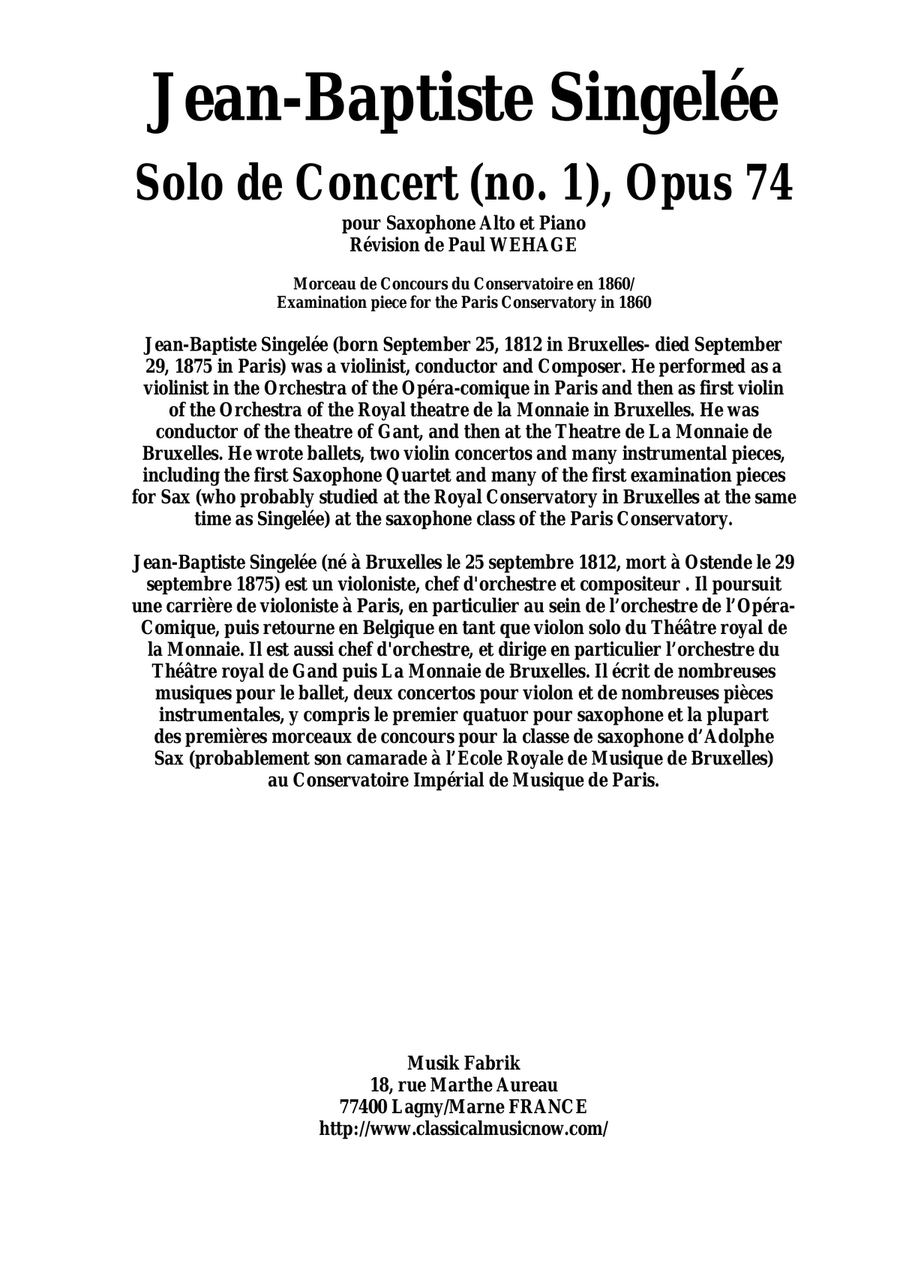 Jean-Baptiste Singelée Solo de Concert (no. 1), Opus 74 pour Saxophone Alto et Piano Piano scores gallery preview page 1