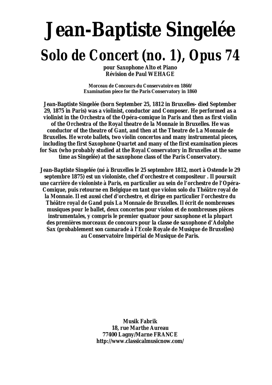 Jean-Baptiste Singelée Solo de Concert (no. 1), Opus 74 pour Saxophone Alto et Piano