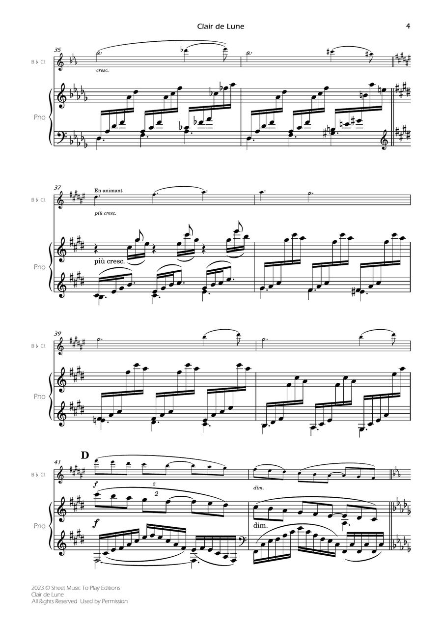Clair de Lune by Debussy - Bb Clarinet and Piano (Full Score and Parts) B-Flat Clarinet scores gallery preview page 5