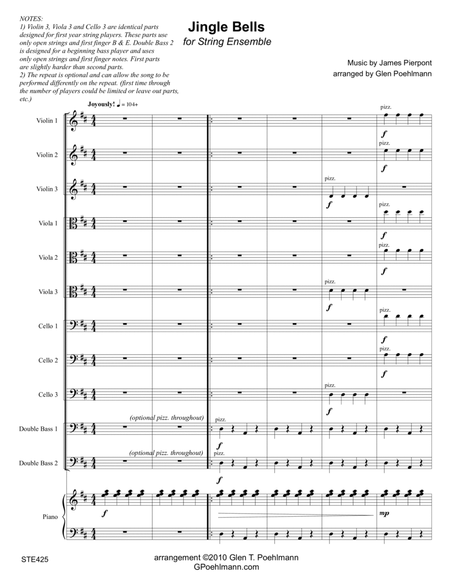 JINGLE BELLS - STRING ENSEMBLE or ELEMENTARY ORCHESTRA Chamber Orchestra scores gallery preview page 1
