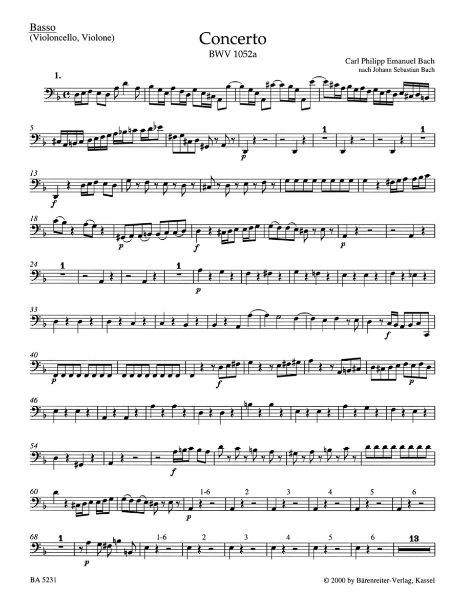 Harpsichord Concerto d minor, BWV 1052a Double Bass scores gallery preview page 1