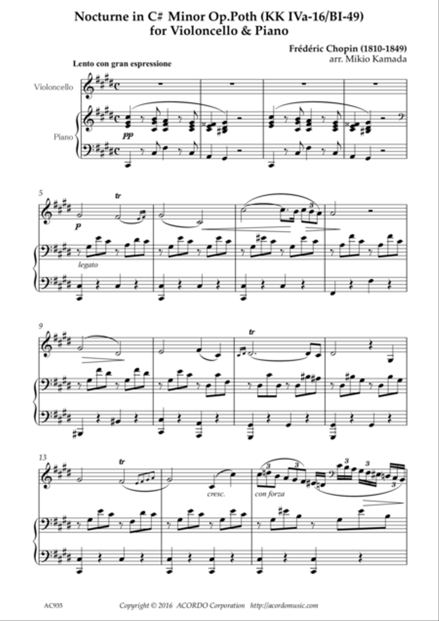 Nocturne in C# Minor Op. Poth (KK IVa-11/BI-49) for Violoncello & Piano Piano scores gallery preview page 1
