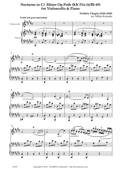 Nocturne in C# Minor Op. Poth (KK IVa-11/BI-49) for Violoncello & Piano image number null