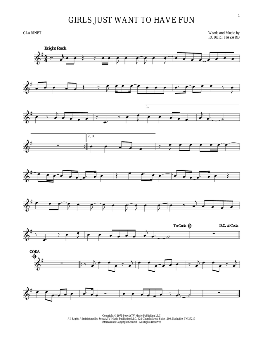Girls Just Want To Have Fun Clarinet Solo scores gallery preview page 1