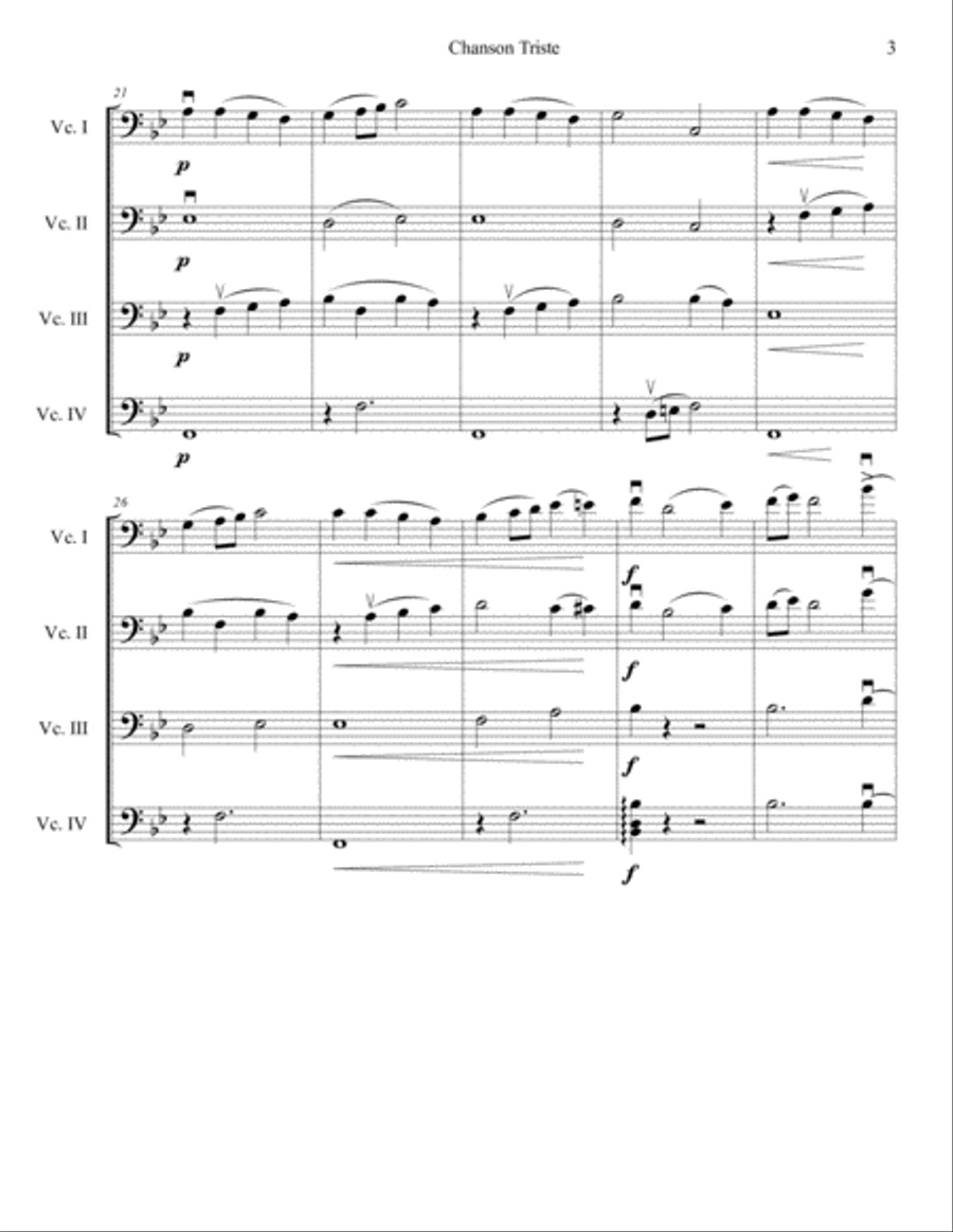 P.I.Tchaikovsky Chanson Triste Op.40 for cello quartet String Quartet scores gallery preview page 4